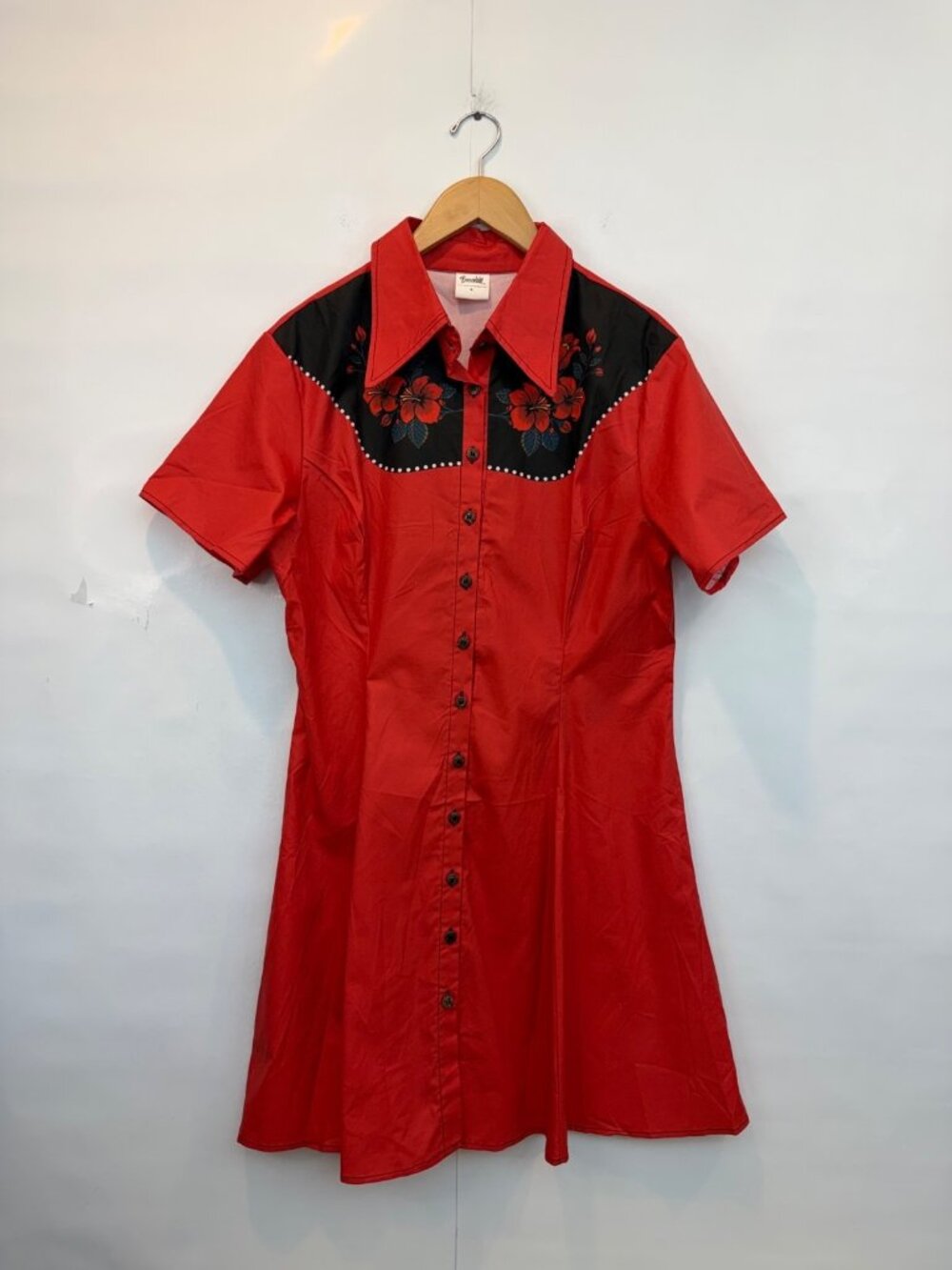 Boozelele Women's Red Collared A Line Western Button Front Shirt Dress Medium